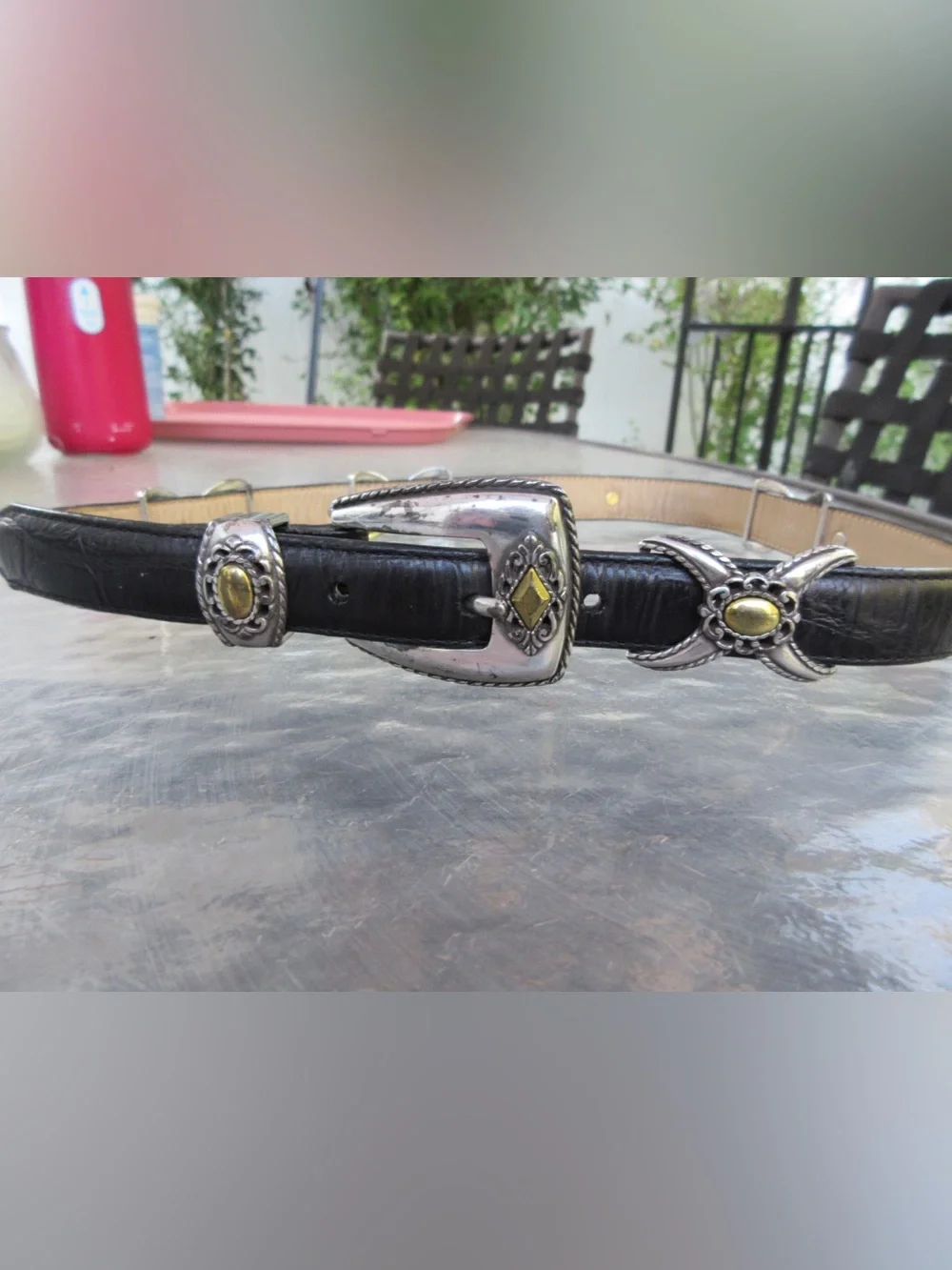 Brighton Black Leather Belt with Silver & Gold-tone Conchos 26”